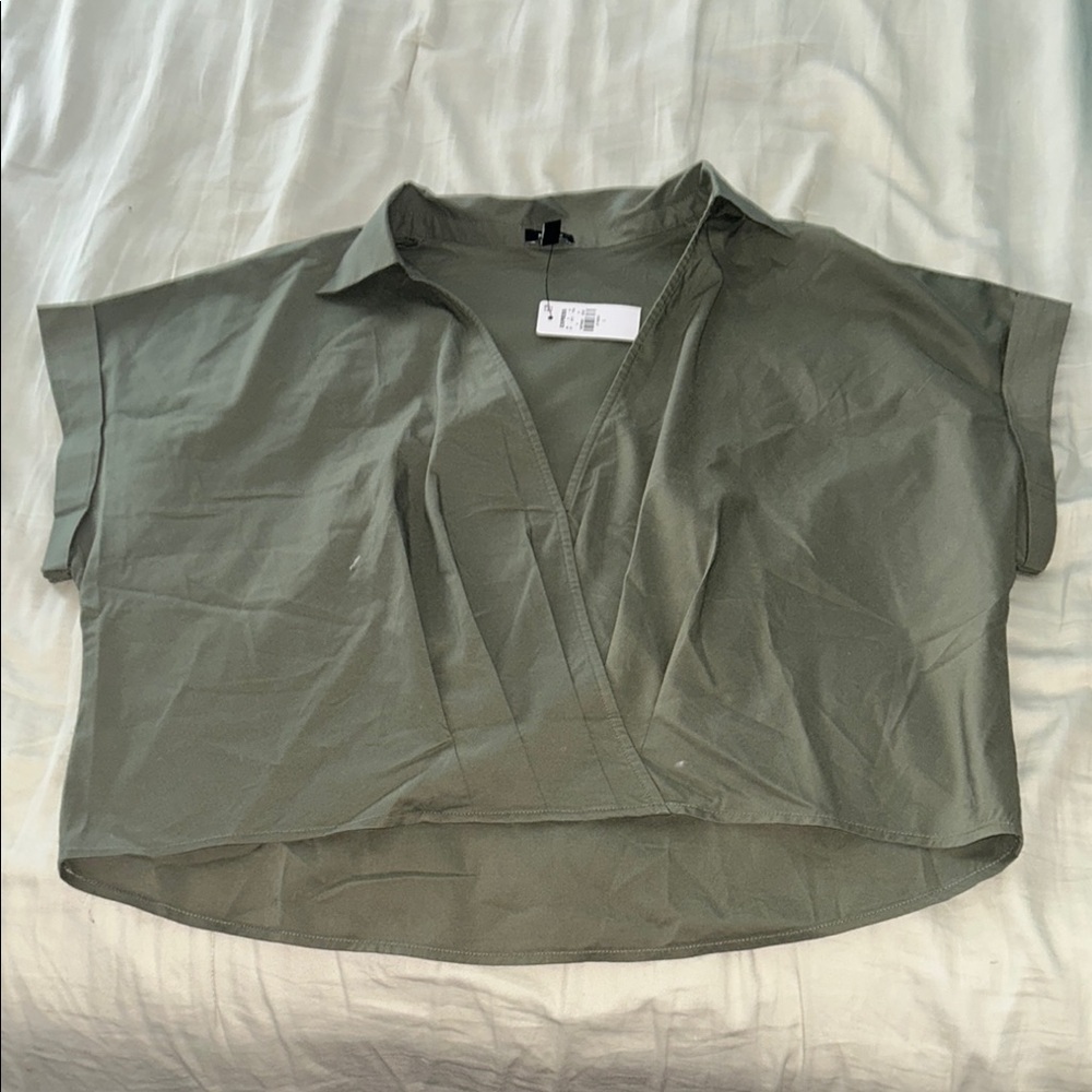 Express Green Boxy Crop Button Down Shirt
